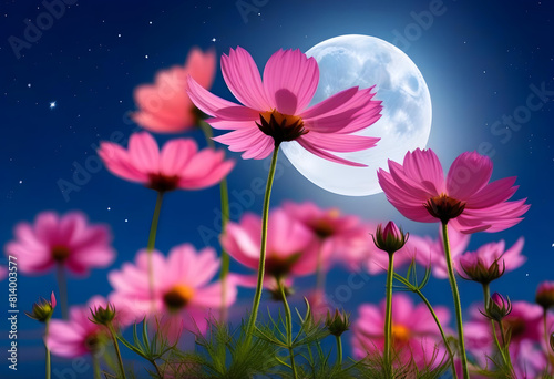 A full moon shining over a field of pink and purple cosmos flowers