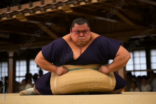 Focused sumo wrestler crouches in a dojo, preparing for a traditional japanese wrestling match photo