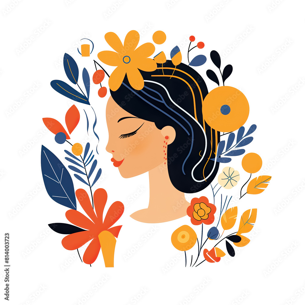 Woman's Portrait and Flowers on a White Backdrop. Woman's Day, Mother's Day background Woman's Portrait and Flowers on a White Backdrop. Woman's Day, Mother's Day background