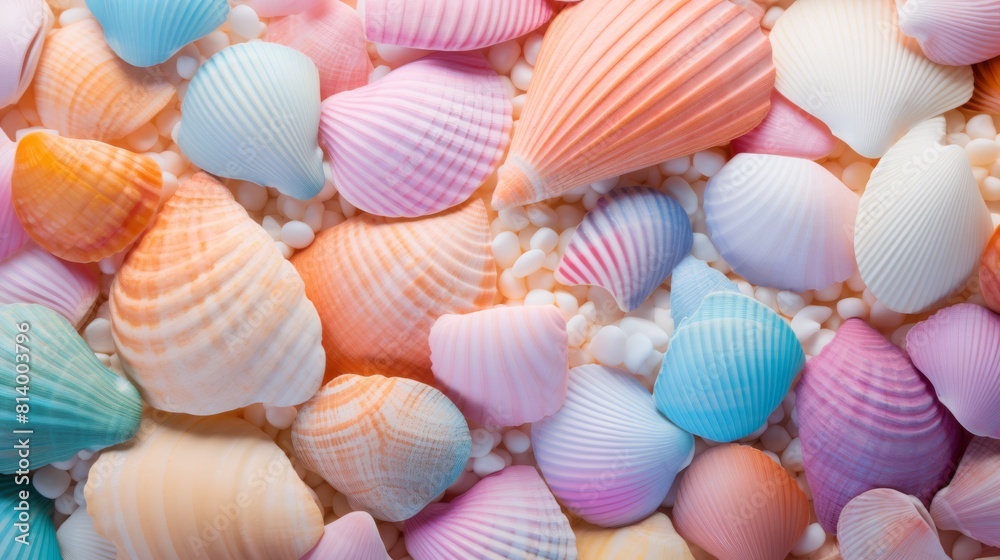 A collection of vibrant sea shells arranged symmetrically on a white surface, showcasing natural beauty and intricate patterns in electric blue, magenta, and other hues. High quality photo A collection of vibrant sea shells arranged symmetrically on a white surface, showcasing natural beauty and intricate patterns in electric blue, magenta, and other hues. High quality photo