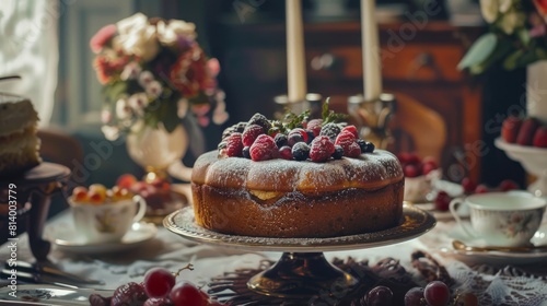A depiction of a table setting with a cake and berries
