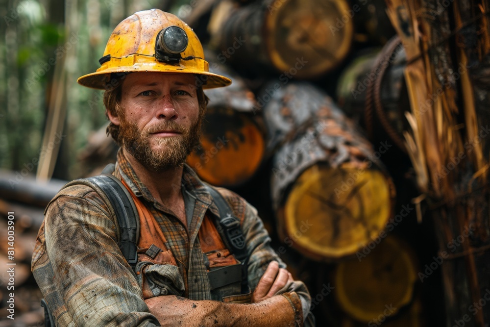 Caucasian male, middle-aged, wearing yellow helmet with lamp, flannel shirt, backpack crossed arms over chest in front of piled logs in dense forest. Expression shows strength, resilience. Caucasian male, middle-aged, wearing yellow helmet with lamp, flannel shirt, backpack crossed arms over chest in front of piled logs in dense forest. Expression shows strength, resilience.