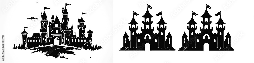 Black and white castle silhouette png