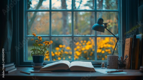 Study materials illuminated through a window facing inspirational scenery, tenacity unveiled with verite lensbaby perception, selective focus, photo