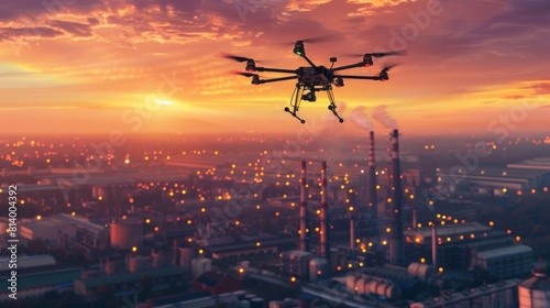 A drone hovers above a factory during sunset  capturing the industrial setting with the warm hues of the setting sun in the background.