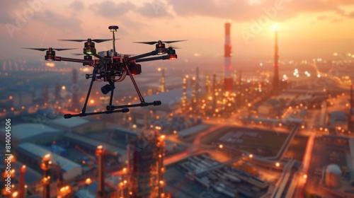 A drone flies above an industrial complex as the sun sets, casting a warm glow over the scene.