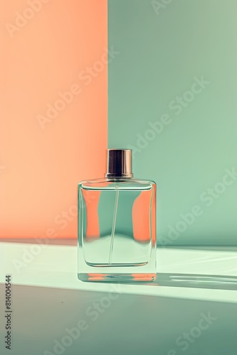 Elegant perfume bottle on dual-tone background with shadows
