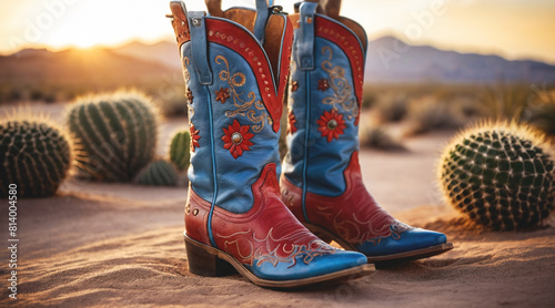Close up of red and blue leather cowboy boots on desert sand with cacti in the background. Cowgirl, stylish female footwear photo
