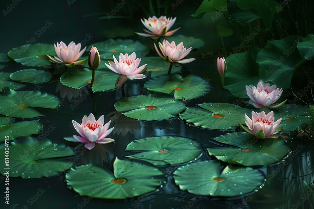 Tranquil lotus pond with blooming flowers and lush leaves Tranquil lotus pond with blooming flowers and lush leaves
