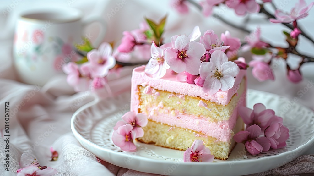 Delicate pink sakura cake with floral decor on a white plate Delicate pink sakura cake with floral decor on a white plate