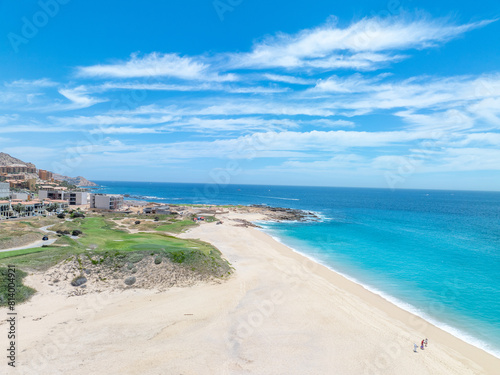 Aerial view of tropical beach with resorts in Cabo San Jose  Baja California Sur  Mexico