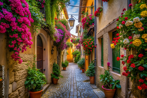 Tall Narrow Alleyway Hanging Vibrant Flowers