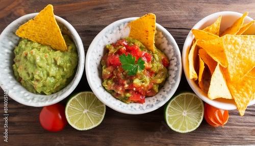 Salsa sauce guacamole and pico de gallo with nacho chips

