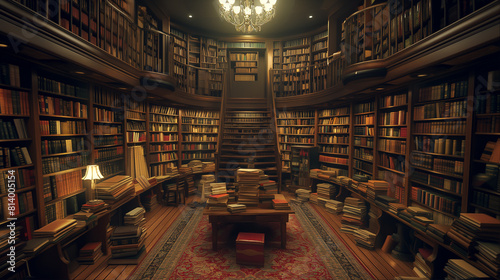 A large library filled with bookshelves and a reading table in the center. photo