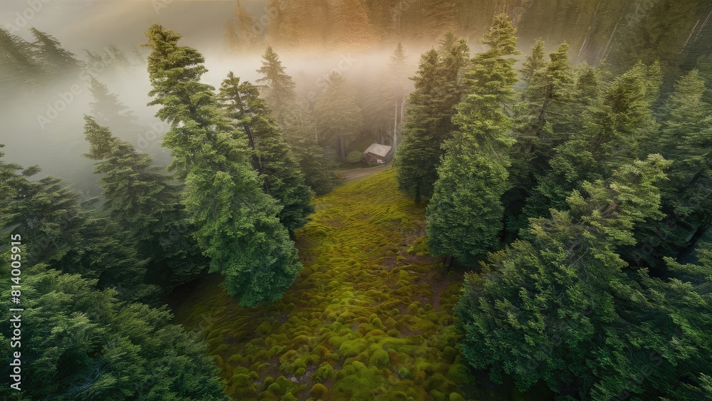 evergreen forest view from overhead, fog rolling in, looks like the pacific northwest evergreen forest view from overhead, fog rolling in, looks like the pacific northwest
