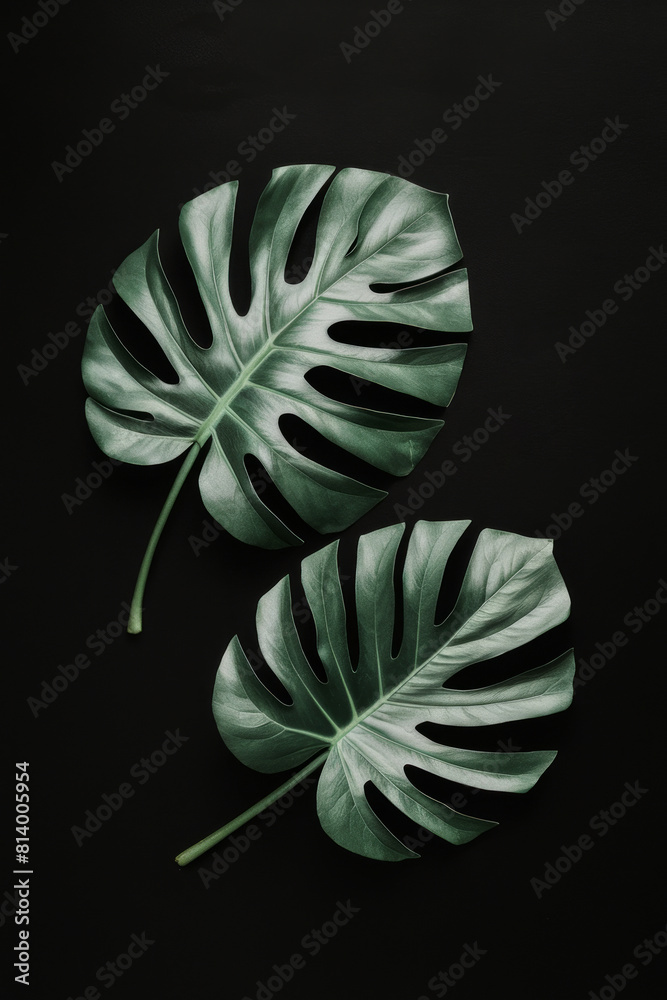 Elegant Monstera Leaves on Dark Background - Minimalist Botanical Art. Elegant Monstera Leaves on Dark Background - Minimalist Botanical Art.