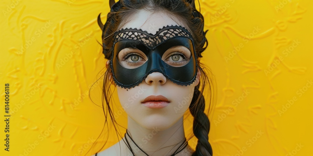 A woman with a black mask on her face. Suitable for mystery and anonymity concepts A woman with a black mask on her face. Suitable for mystery and anonymity concepts