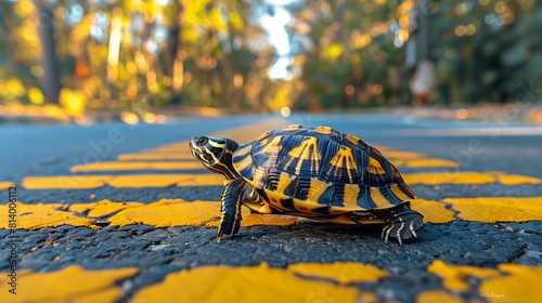 Close-up image of a turtle crossing a road. Bright yellow lines. A blend of nature and human constructs © Viktoria Tom
