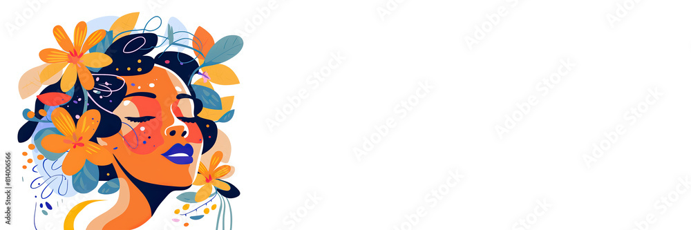 Woman's Portrait and Flowers on a White Backdrop. Woman's Day, Mother's Day background, banner