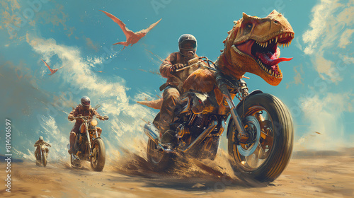 A dinosaur riding a motorcycle through the desert with two other bikers behind him. photo