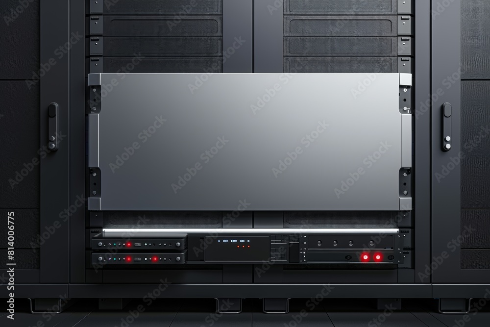 A hightech server rack with LED indicators and a blank panel in the forefront, providing an empty space for advertising or branding A hightech server rack with LED indicators and a blank panel in the forefront, providing an empty space for advertising or branding