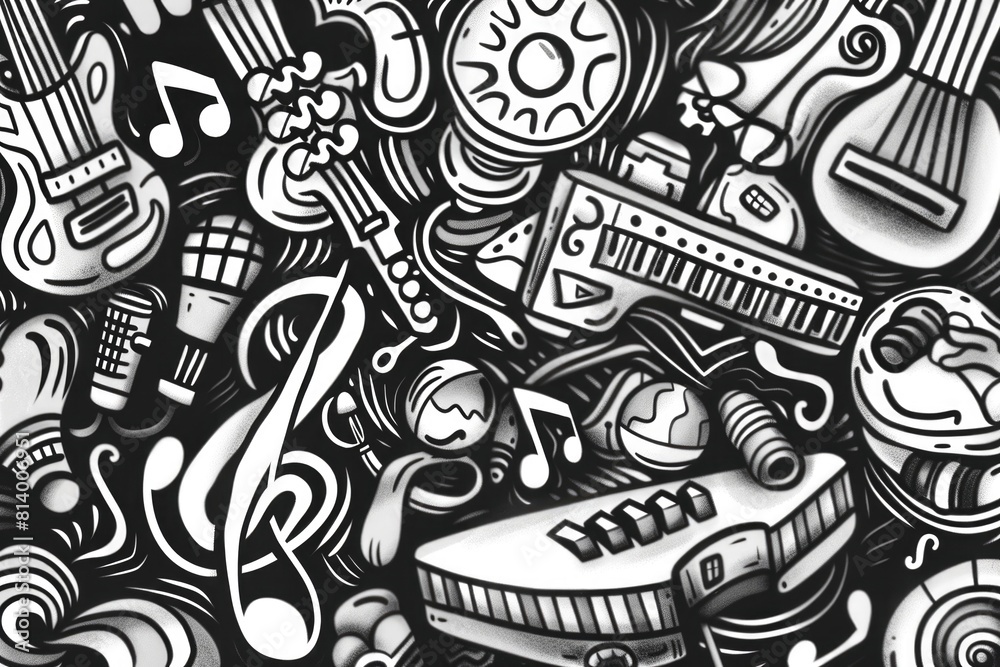 Detailed black and white drawing of various musical instruments. Suitable for music-related designs Detailed black and white drawing of various musical instruments. Suitable for music-related designs