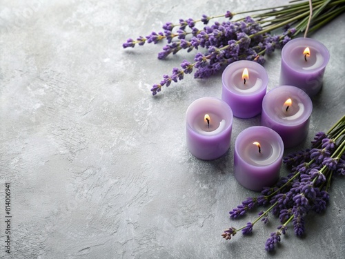 lavender soap with lavender, Flat lay of lavender candles on a grey and white background. Natural style. Space for text.