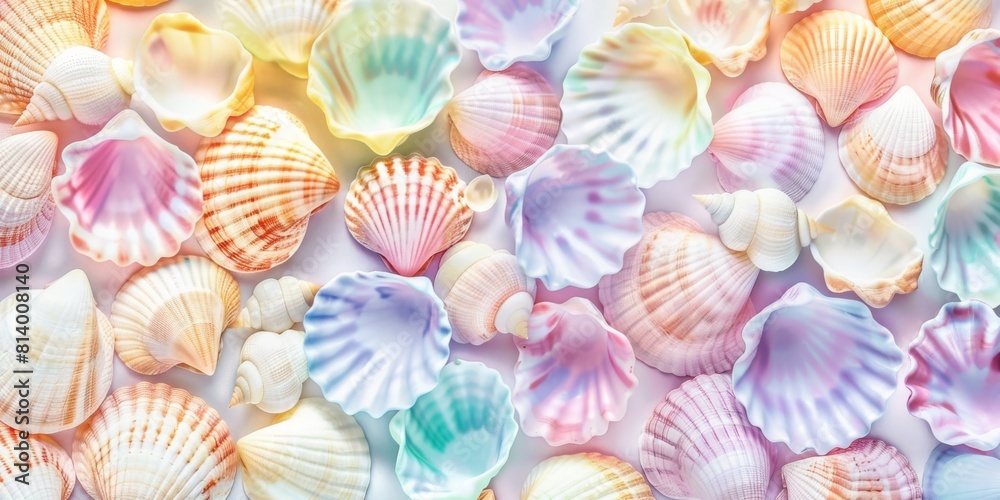 A collection of vibrant sea shells arranged symmetrically on a white surface, showcasing natural beauty and intricate patterns in electric blue, magenta, and other hues. High quality photo A collection of vibrant sea shells arranged symmetrically on a white surface, showcasing natural beauty and intricate patterns in electric blue, magenta, and other hues. High quality photo
