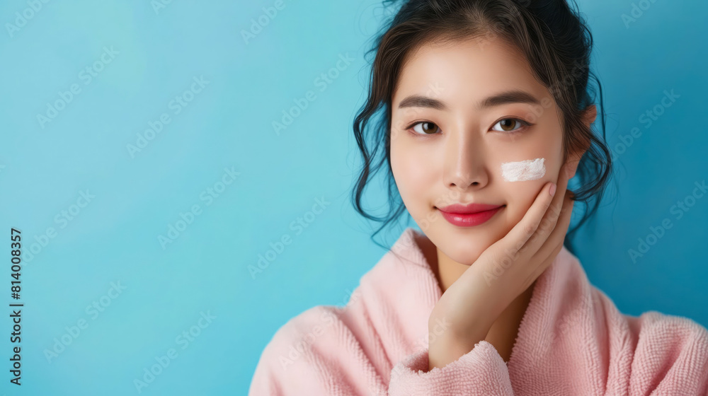 A woman with a face mask on her face.