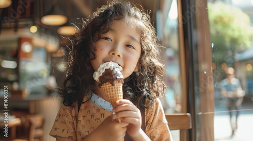 A curly haired Asian girl enjoying a chocolate ice cream at a cafe