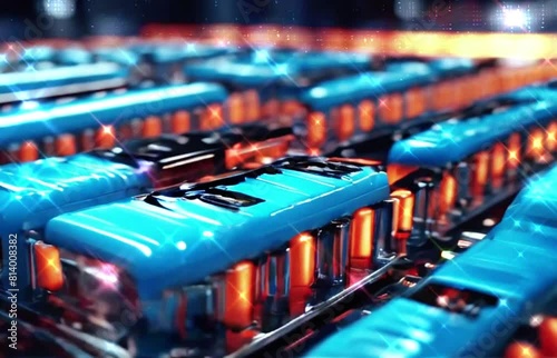 Mass production assembly line light motion of electric vehicle battery cells close-up view