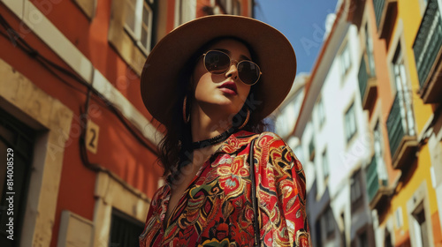 A woman in a colorful dress and hat walking down a street. © VISUAL BACKGROUND