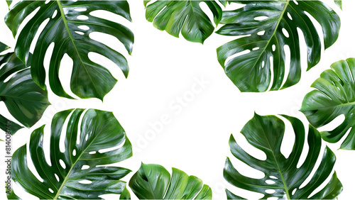 Monstera tropical leaves on transparent background. Flat lay, top view.