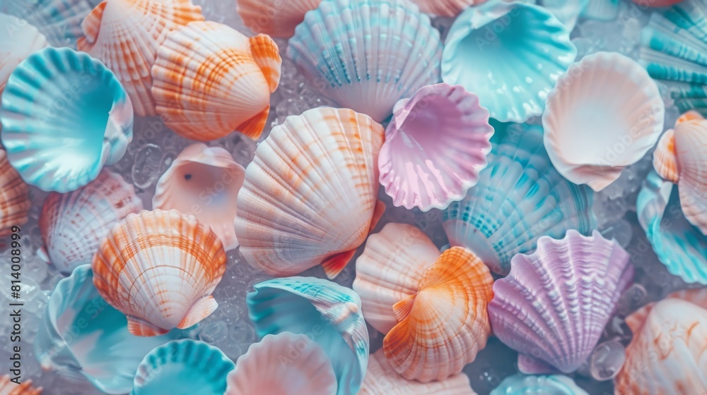A collection of vibrant sea shells arranged symmetrically on a white surface, showcasing natural beauty and intricate patterns in electric blue, magenta, and other hues. High quality photo A collection of vibrant sea shells arranged symmetrically on a white surface, showcasing natural beauty and intricate patterns in electric blue, magenta, and other hues. High quality photo