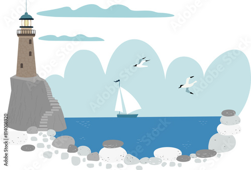 Landscape with lighthouse on the rock and blue sea. Scene with ship and seagulls and sea coast. Vector hand drawn illustration.