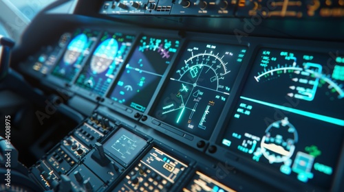 Close-up view of an airplanes illuminated cockpit dashboard showing flight instruments and navigational displays while flying.