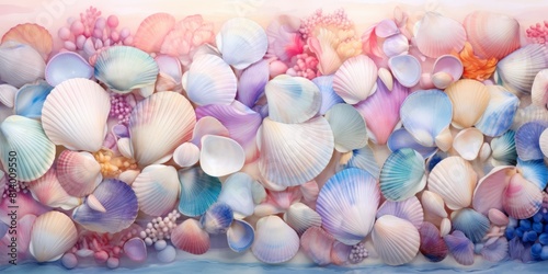 A collection of vibrant sea shells arranged symmetrically on a white surface  showcasing natural beauty and intricate patterns in electric blue  magenta  and other hues. High quality photo