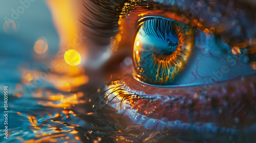 Close-up of an eye, with a vivid reflection of a tropical sunset in its iris, symbolizes deep contemplation and a vision beyond the horizon water. photo