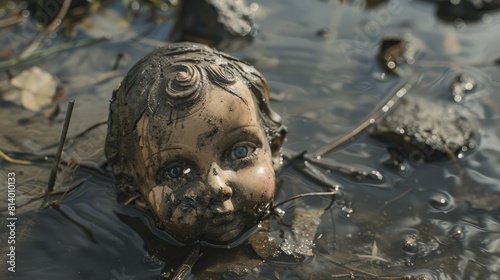 A filthy decapitated doll s head drifts in the water photo