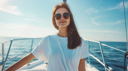 Jovem de óculos escuros, vestindo camiseta branca, posando em um iate em um dia ensolarado de verão. Modelo de simulação para design de roupas casuais de estilo de vida esportivo ativo. - Mockup photo