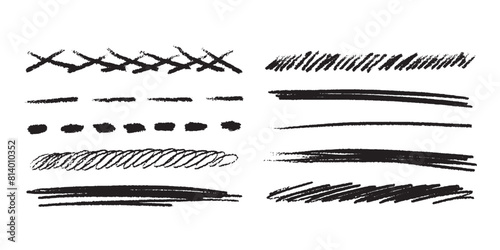 Pencil drawn crossed out vector elements on a white background. Set of brush lines and strokes in grunge style. Emphasize black graphic elements. Black paint doodle line collection.
