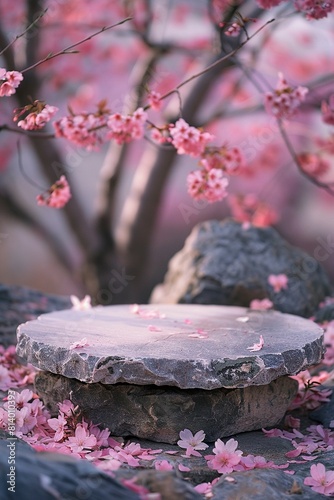 beautiful natural circle podium of stone for products  outdoor  beautiful cherry blossom garden  professional studio photography  macro  negative space  fujifilm velvia  generative ai 