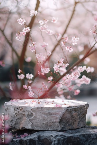 beautiful natural circle podium of stone for products, outdoor, beautiful cherry blossom garden, professional studio photography, macro, negative space, fujifilm velvia, generative ai 
