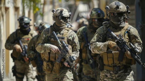 A squad of military personnel in full gear marching through a city street, remaining vigilant.