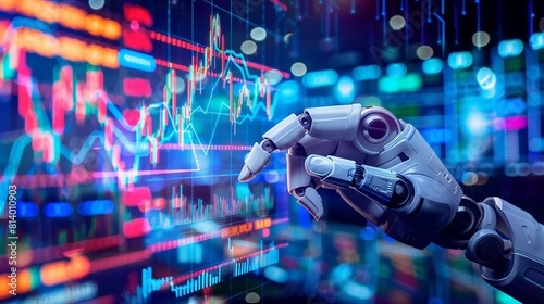 A robotic hand pointing at fluctuating stock market graphs, symbolizing automated trading and AI in finance