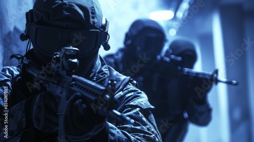 An armed military unit moves tactically in dimly lit conditions during a nighttime mission.