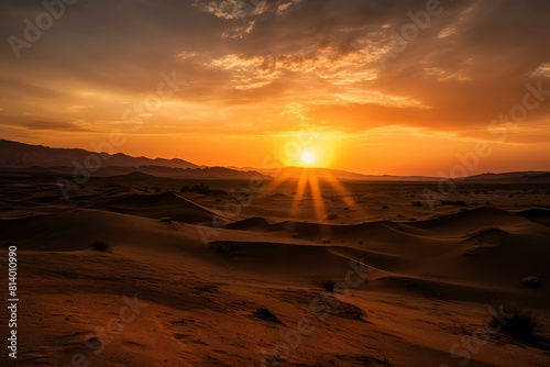 Tranquil and serene majestic desert sunset over the sand dunes with dramatic and warm golden hour colors. Creating a peaceful and silhouetted landscape in nature