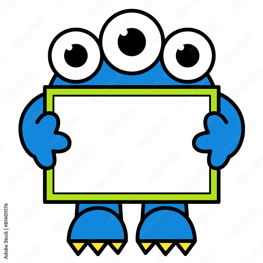 Blue monster with 3 eyes holding a sign - school supplies - Transparent Background