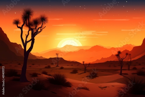 Vivid sunset over a serene desert landscape  casting silhouettes of joshua trees and mountains