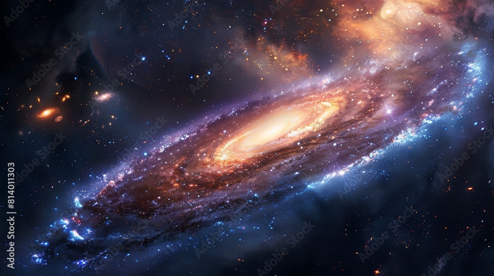 Obraz premium A vivid portrayal of a galaxy nebula with intricate layers of color and light, surrounded by a dense star field, suitable for science and astronomy wallpapers